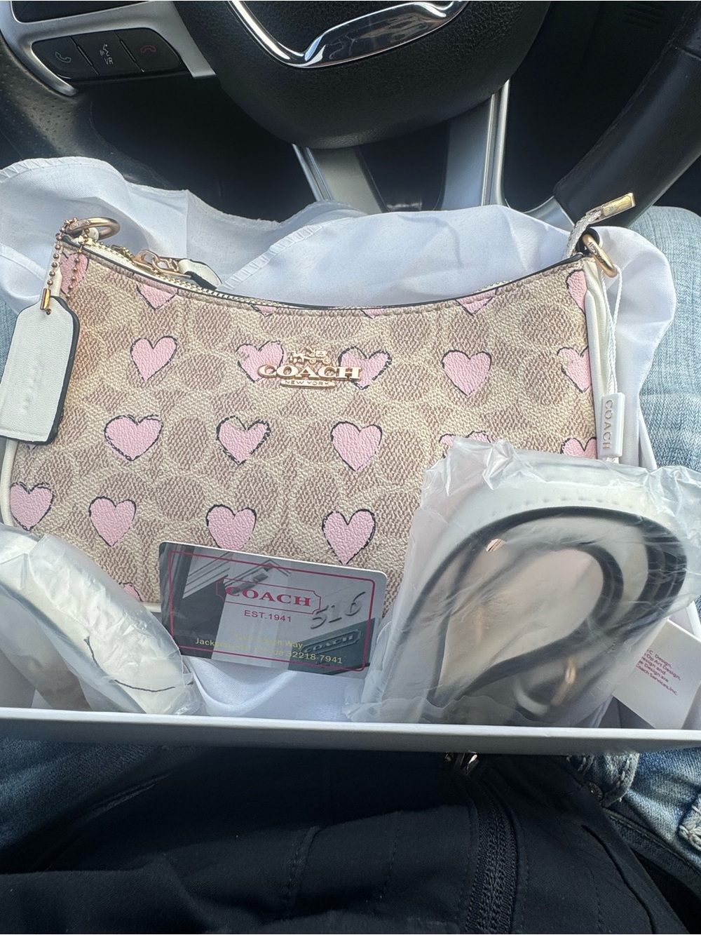 Coach Signature Canvas Shoulder Bag with Pink Heart Print